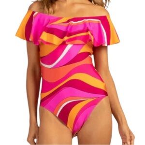 NWT Trina Turk vivid vista ruffle off shoulder one piece Pink and Orange